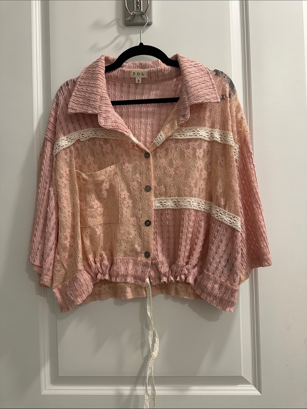 POL Pink Lace-Panel Button-Front Drawstring Top